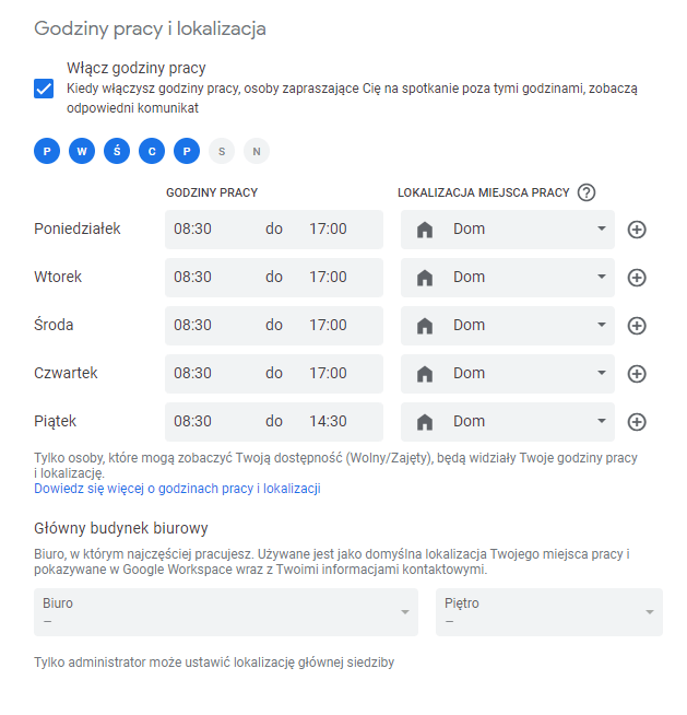 Określenie godzin pracy w Kalendarzu Google