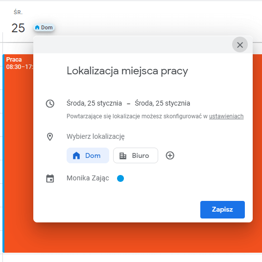 Lokalizacja miejsca pracy w Kalendarzu Google w 