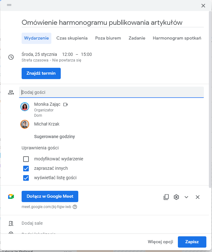 Tworzenie spotkań w Kalendarzu Google