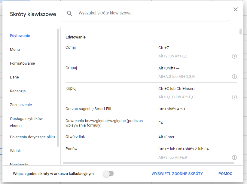 Skróty klawiaturowe w Google Sheets - spis 