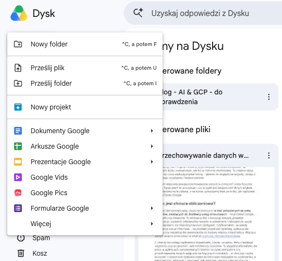 Dodawanie plików i katalogów do Dysku Google z poziomu strony internetowej.