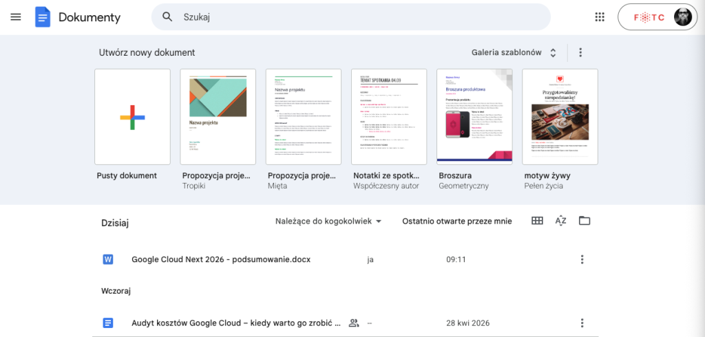 Szablony w Dokumentach Google na samej górze strony