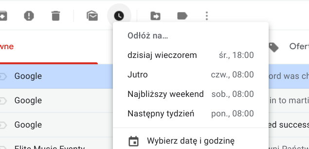 funkcja odłóż na w gmailu