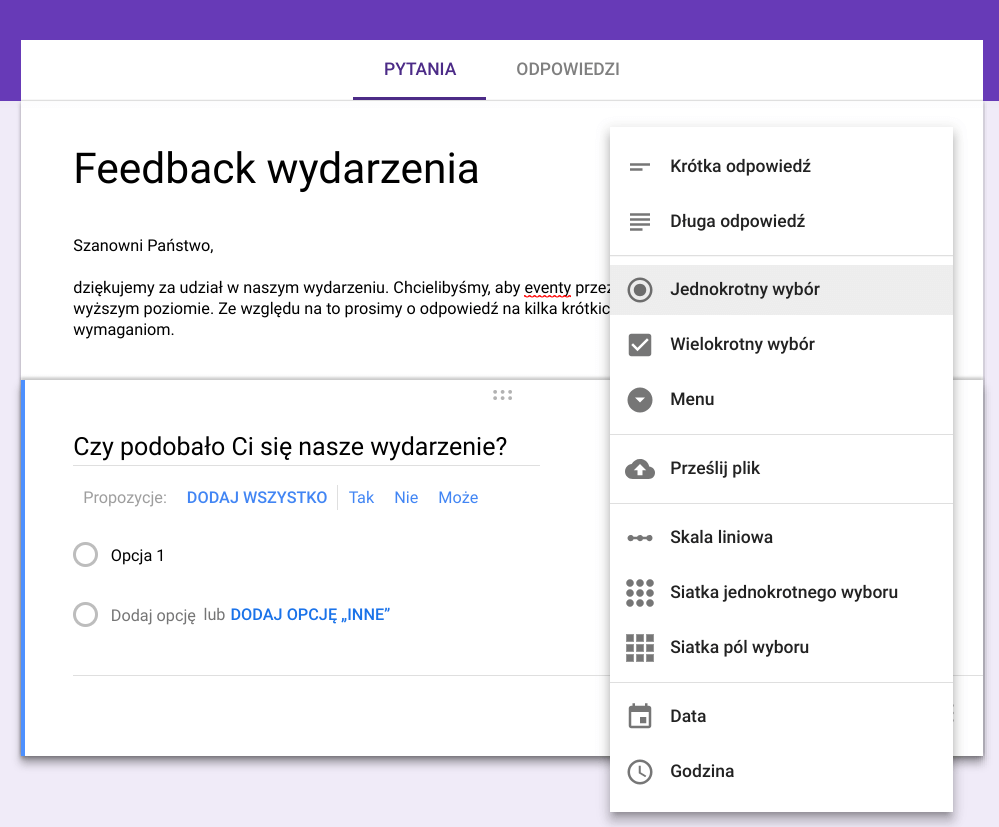 Wybór formy pytania 
