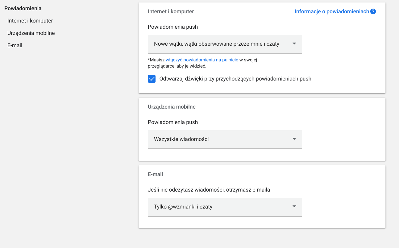 Niestandardowe ustawienia powiadomień w Hangouts Chat