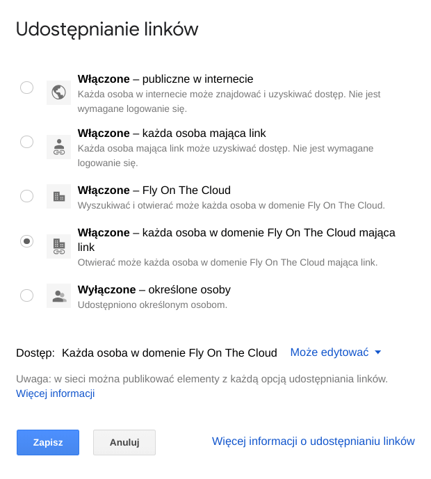 Udostępnianie plików Gmail - ustawienia zaawansowane