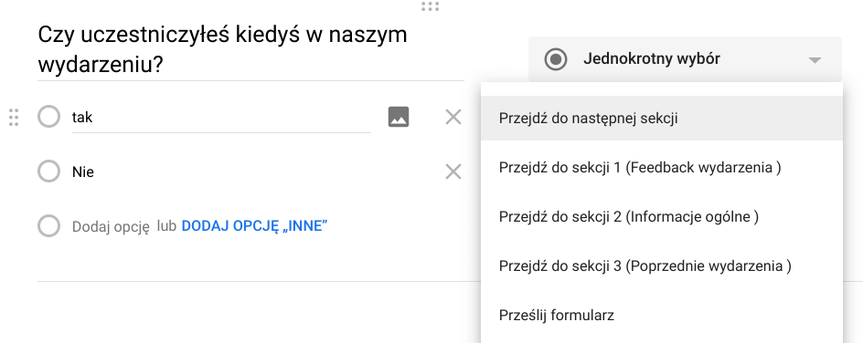 Przechodzenie do sekcji w oparciu o odpowiedzi 