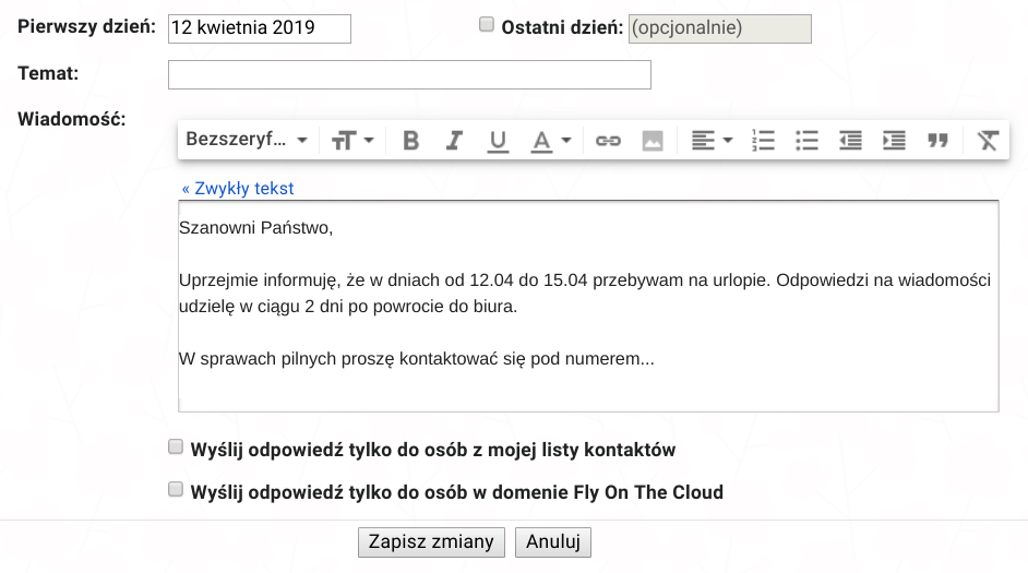 Treść w automatycznej odpowiedzi w Gmailu