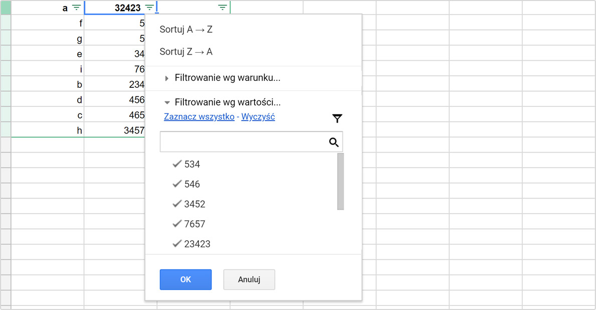 filtry w google sheets