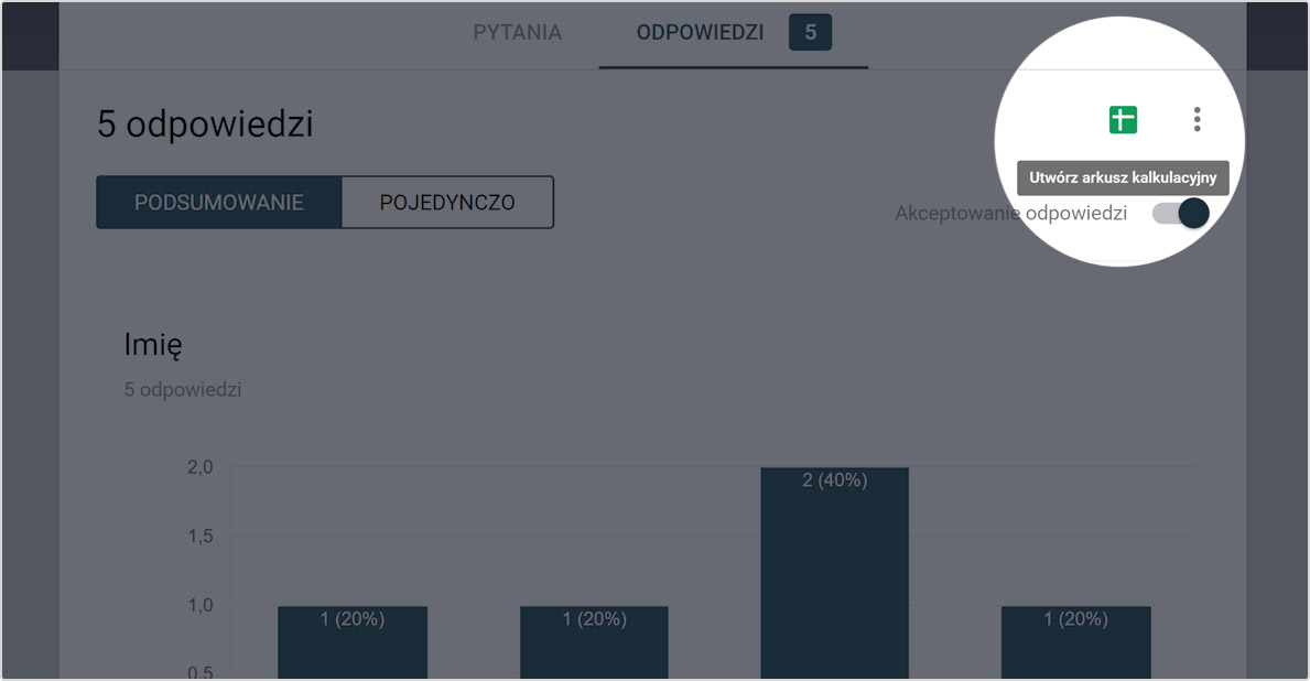 odpowiedzi w google sheets