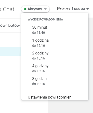 Czasowe wyłączanie powiadomień w Hangouts Chat 