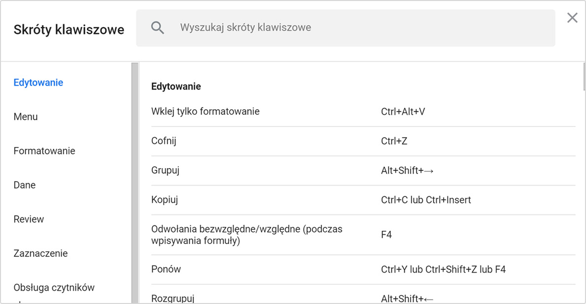 skróty klawiszowe w Google sheets