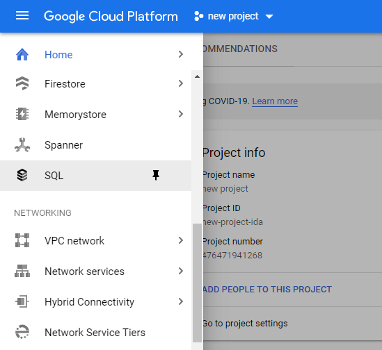 GCP console interface 