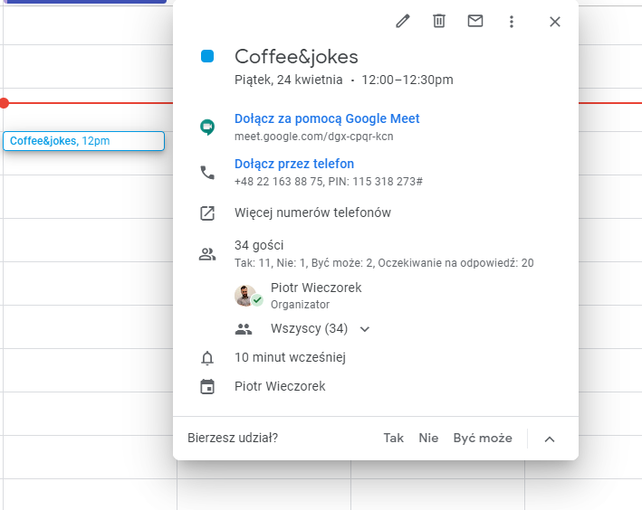 tworzenie spotkania Google Meet w Kalendarzu Google