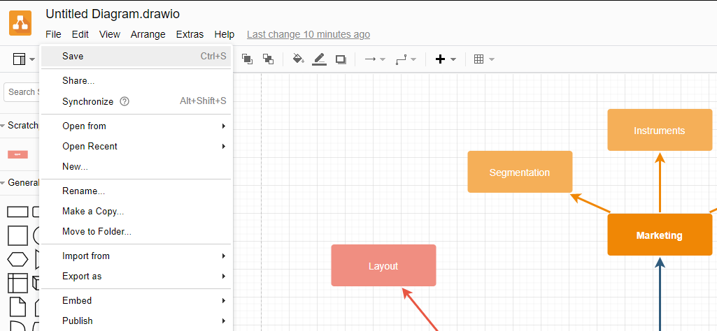 Pasek narzędzi diagramu draw io