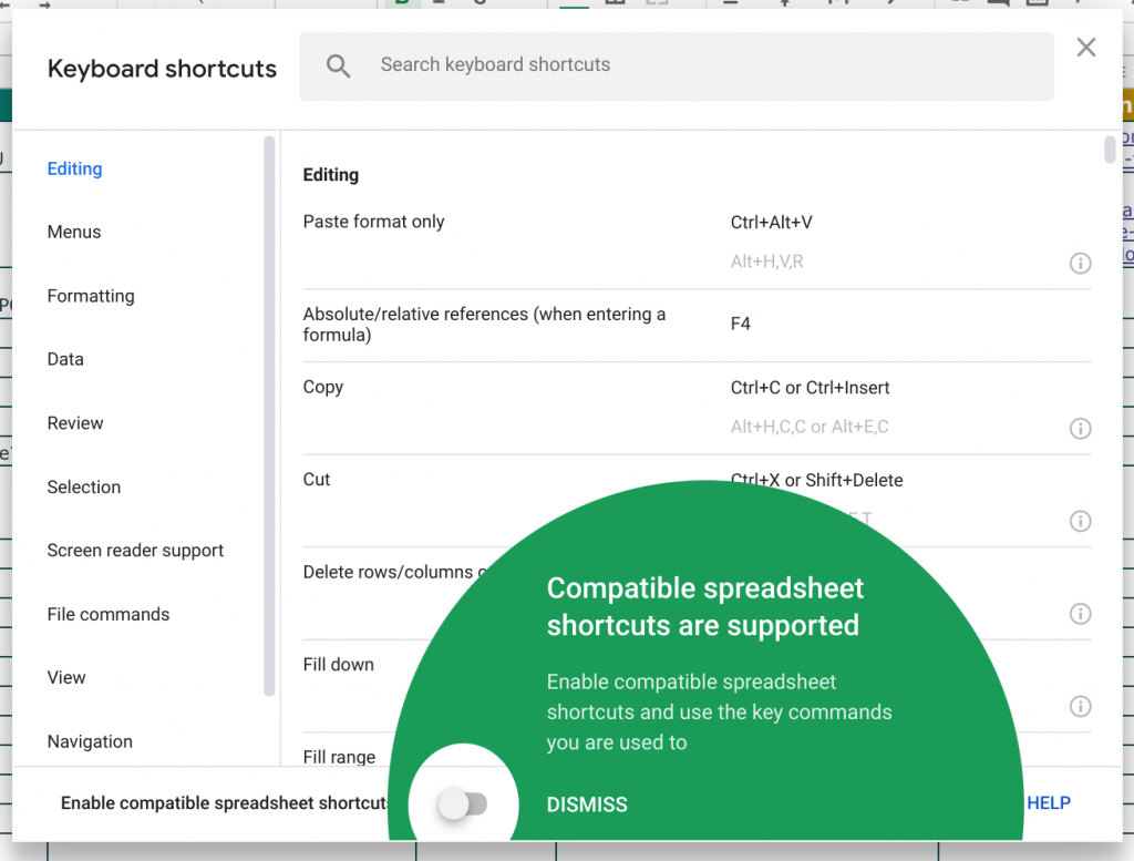 Hotkeys in google sheets