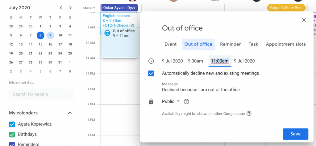 Google Calendar out of office status