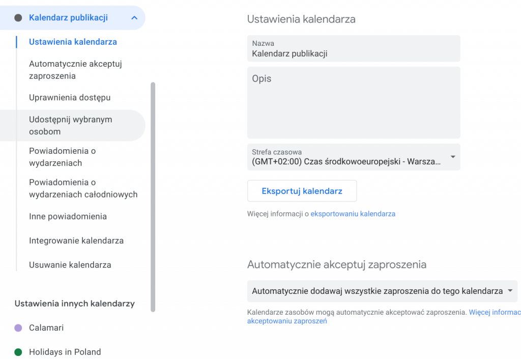 Ustawienia kalendarza Google
