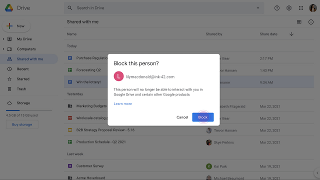 blokowanie użytkowników na dysku Google