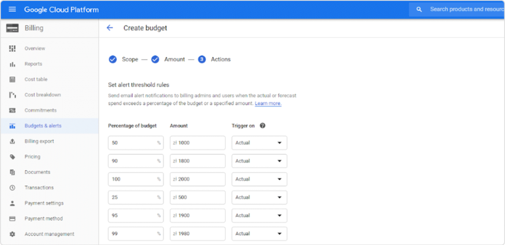 GCP console alert settings