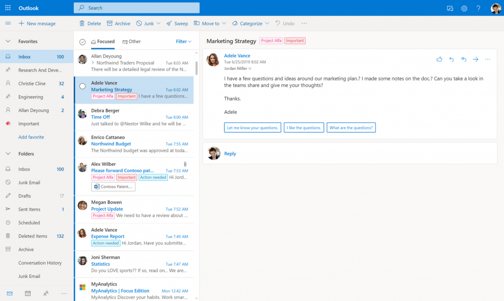 outlook mailbox interface inside view