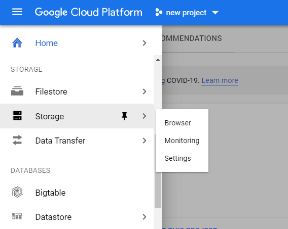 Wybranie storage w konsoli Google Cloud Platform