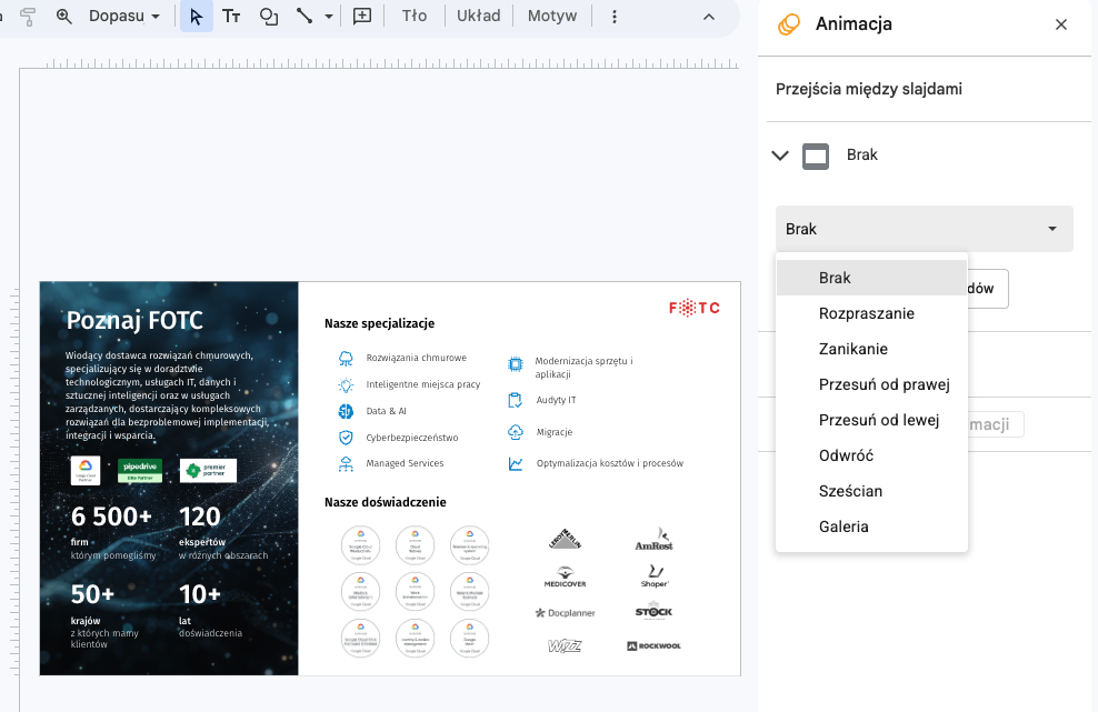 Przejścia w Prezentacjach Google