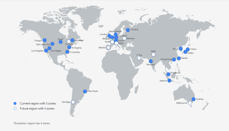 карта регіонів де знаходяться центри обробки даних Google Cloud