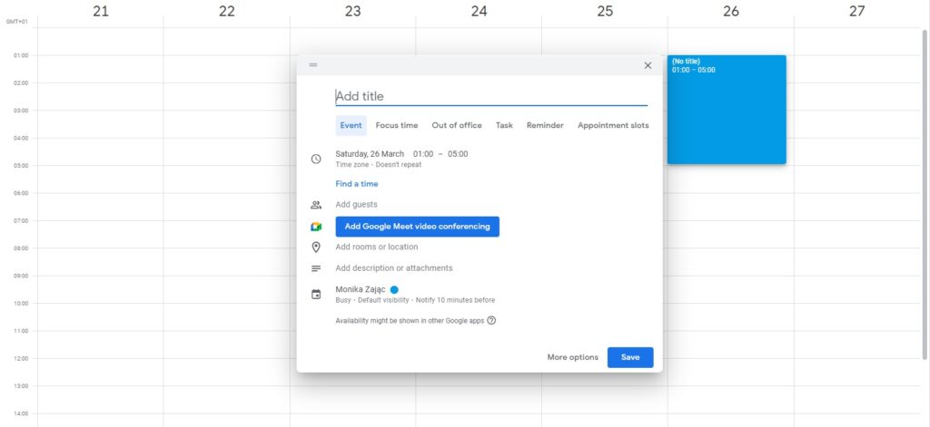 Widok tworzenia wydarzenia w Kalendarzu Google
