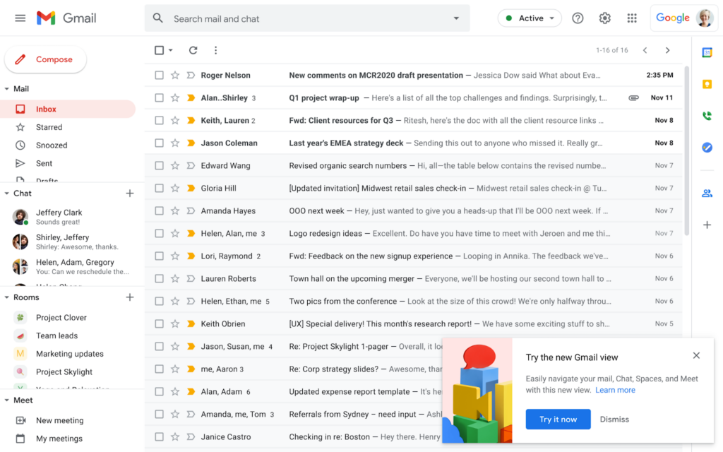 Powiadomienie o możliwości przełączenia się na nowy widok Gmaila