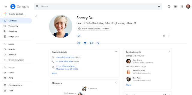 Profil osoby w kontaktach Google Workspace