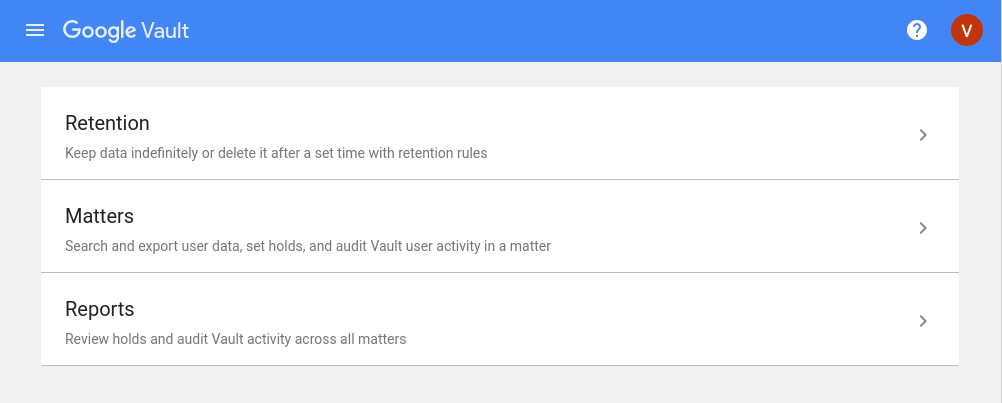 Google vault interface homepage