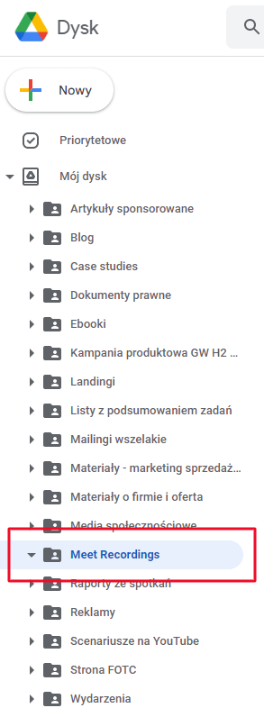 Folder Meet Recordings na Dysku Google