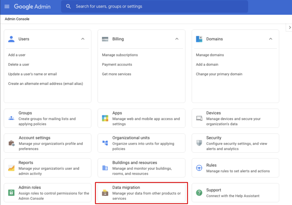 Data migration tool in the google admin console