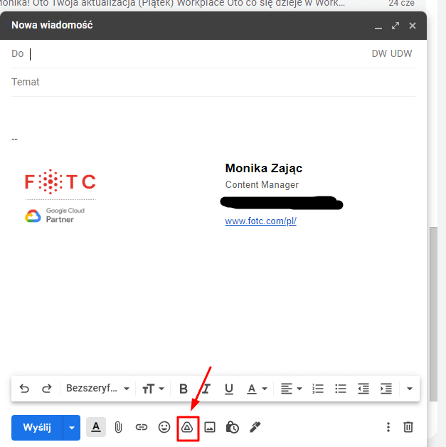 Jeśli korzystasz z Gmaila, możesz używać funkcji wysyłania załączników przez Dysk Google