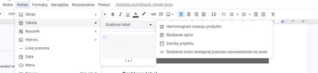 Miejsce wyboru szablonu tabeli w Menu aplikacji Google Docs