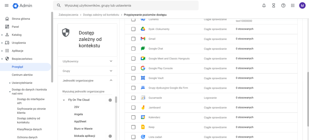 Widok reguł DLP w konsoli Google Workspace