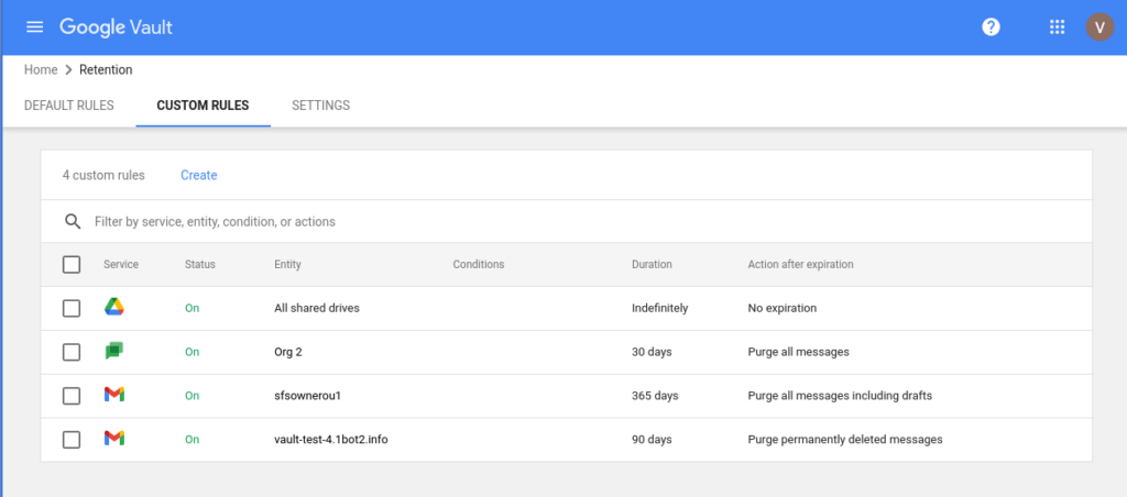 Google Vault dashboard