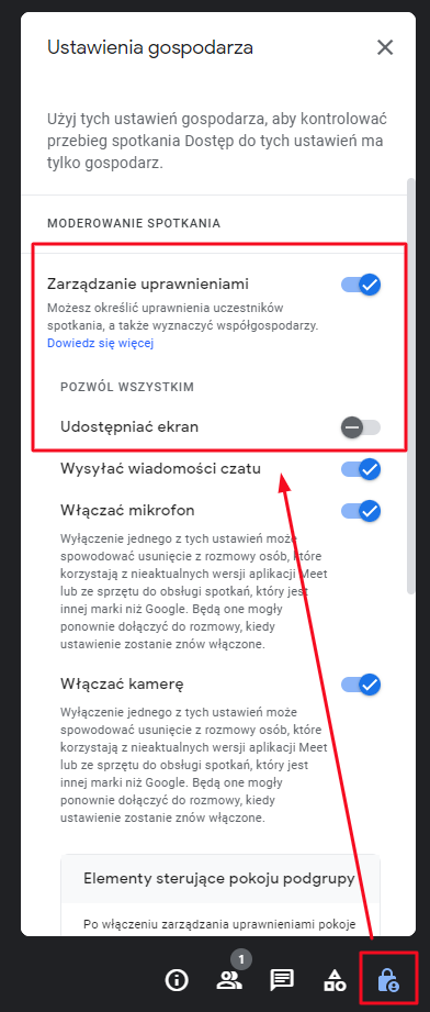 Blokada udostępniania ekranu w Meet