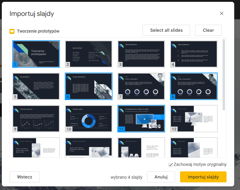Importowanie slajdów do Prezentacji Google