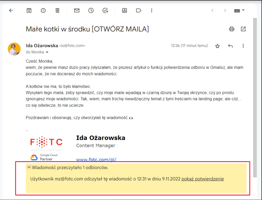 potwierdzenie odbioru maila gmail