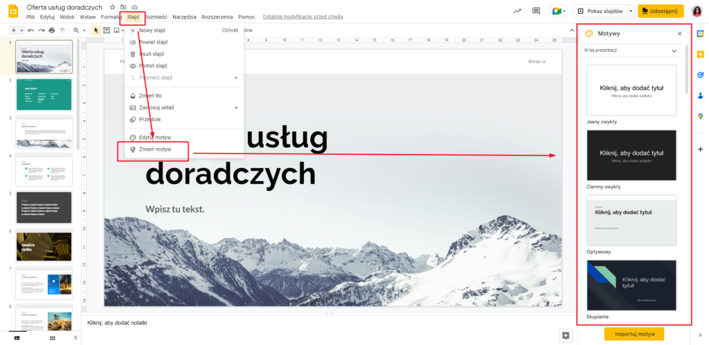 Domyślne motywy Google Slides - wybór