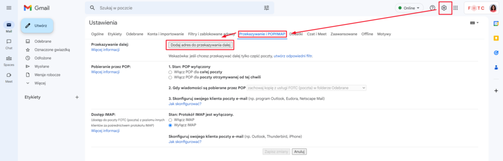 Gmail - przekierowanie poczty