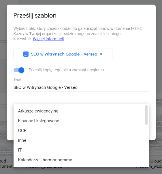 Przesyłanie szablonów w Google Docs
