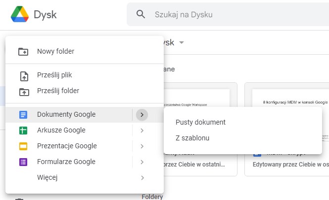 Wybieranie szablonu Google Docs z poziomu Dysku