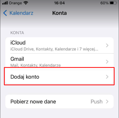 Dodaj konto - kalendarz Google w iphonie