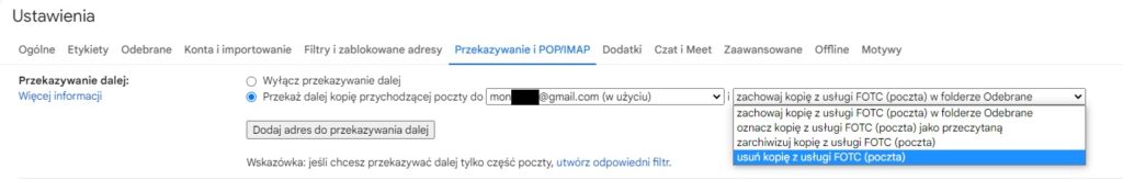 Opcje zarządzania przekazaną pocztą