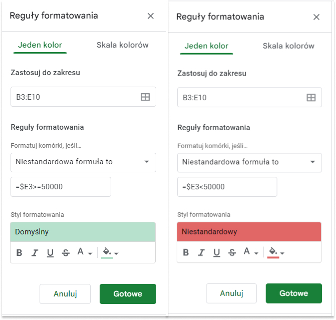 Formuły - warunkowe formatowanie wiersza według wartości komórki