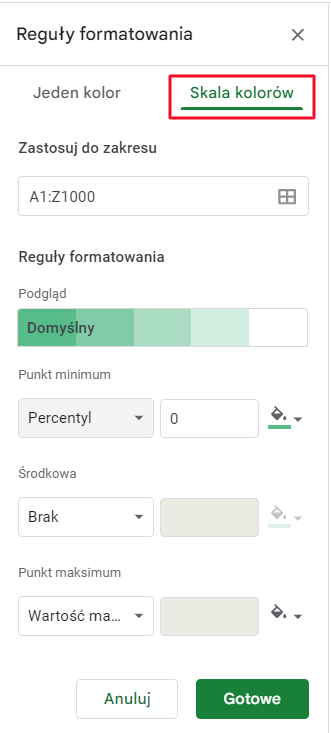 Formatowanie warunkowe - skala kolorów