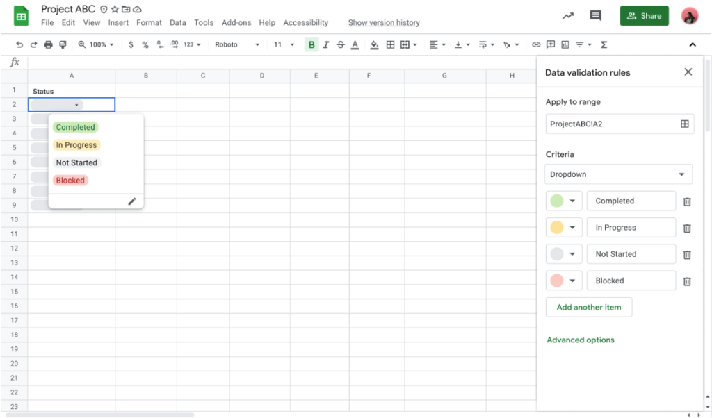 Panel boczny w Google Sheets